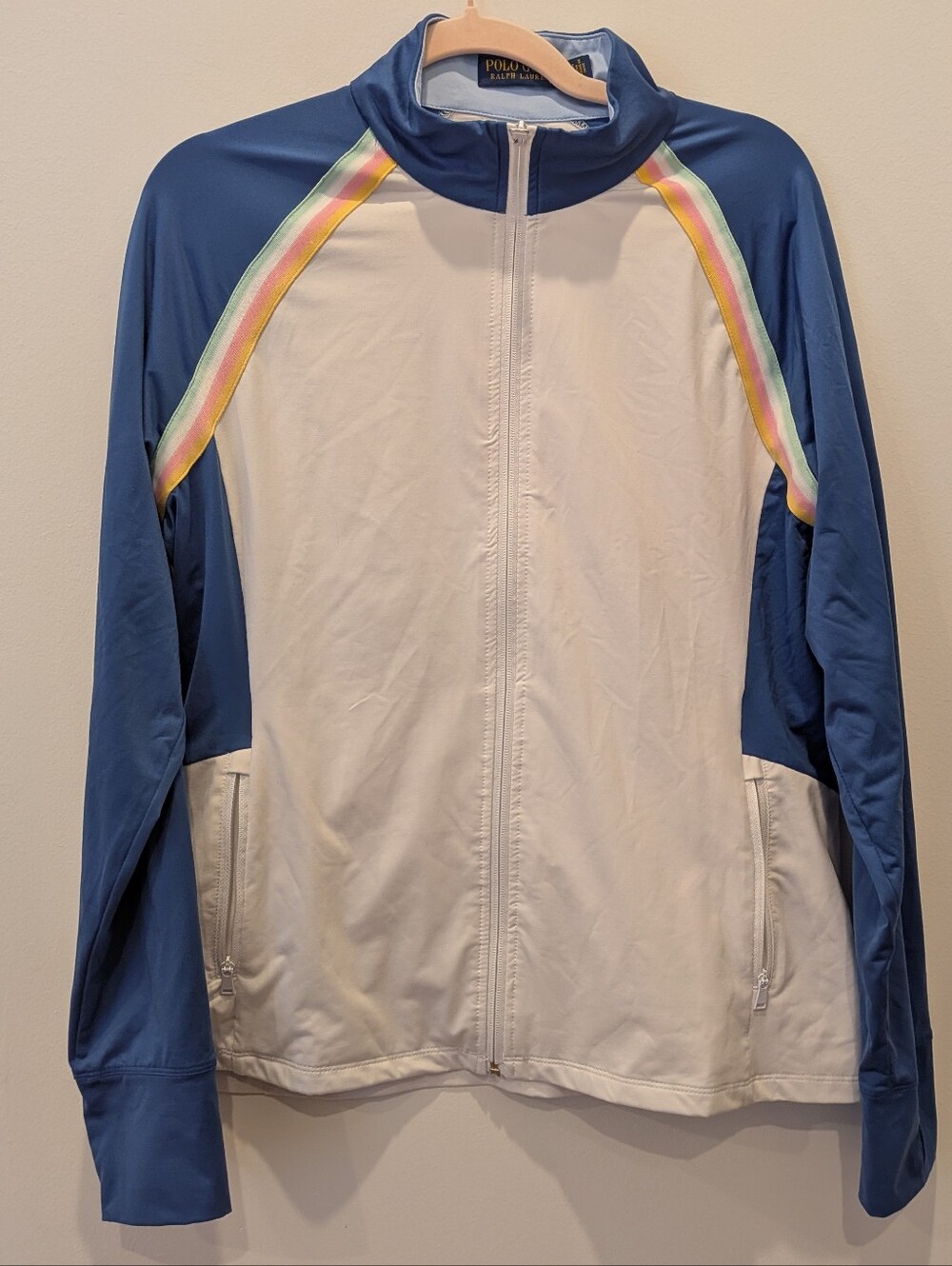 Polo by Ralph Lauren White & Blue Zip Jacket with Pastel Rainbow Trim